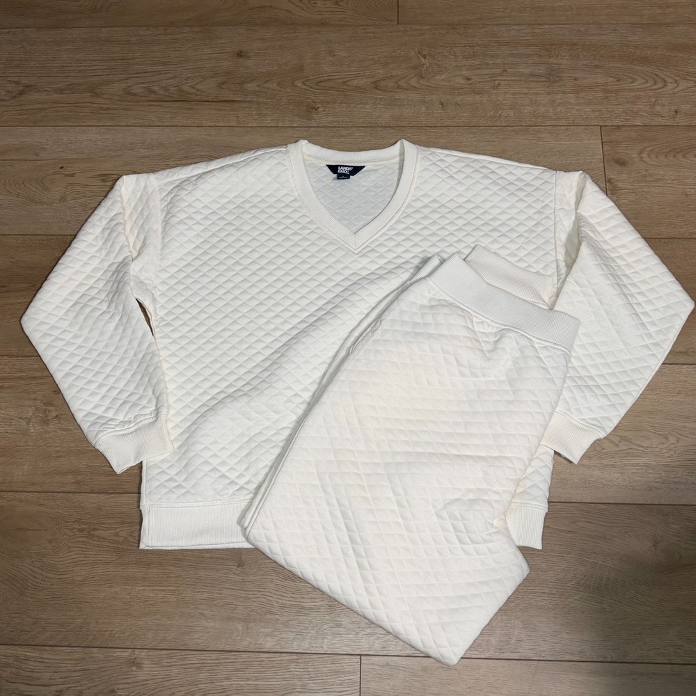Lands' End Womens Sweatsuit Cream 2-Piece Lounge Set Quilted Pockets Soft Large